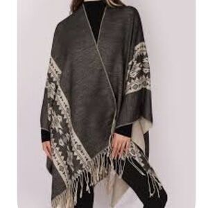 Gray and Cream Soft Patterned Poncho with Aztec pattern and fringe edges